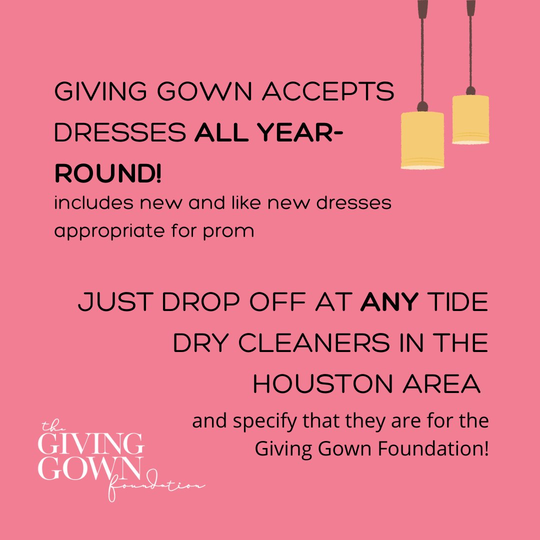 GivingGown's tweet photo. Help us restock our gown inventory.⁠
⁠
We accept gown donations year-round. Thanks to our partnership with Tide Dry Cleaners, there is a convenient drop off location near you!  ⁠
⁠
Drop off gowns at any Houston area Tide Dry Cleaners, just tell them they are for GGF.⁠
⁠ https://t.co/qcENZrJ5tg
