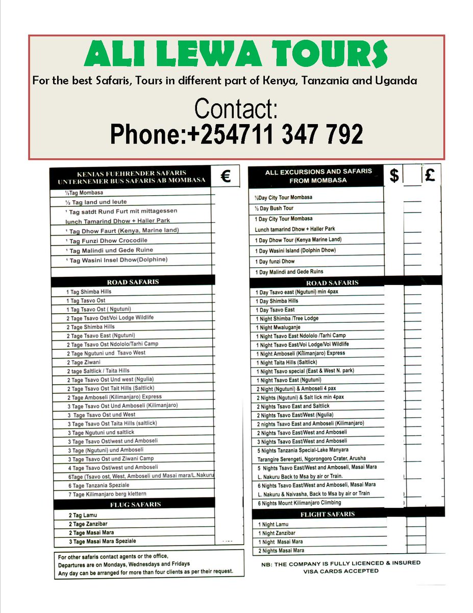 msatomedia's tweet image. Explore East Africa with Ali Lewa Tours! Unforgettable adventures await at unbeatable prices and offers the best deals on safaris and tours in Mombasa, its surroundings, East Africa. Discover stunning national parks, teeming wildlife reserves, and hidden gems Cell:+254711347792