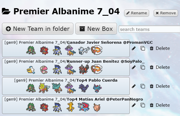 AlbaceteVGC's tweet photo. Top Teams del Premier Challenge del día 7 de abril en Albacete.
🥇 Javier Señorena @PromanVGC 
🥈 Juan Benítez @SoyPalo_ 
🥉 Pablo Cuerda
🥉 Matías Ariel @PeterPanNegro https://t.co/JUUtsght1e