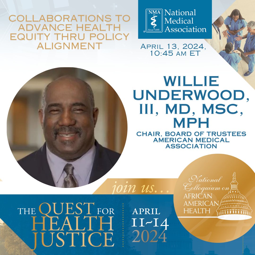 🌟 Today at #NMAColloquium24, join Dr. Yolanda Lawson for a panel on 'Advancing Health Equity through Policy Alignment' with AMA's Dr. Willie Underwood & Dr. Aletha Maybank. Discover how aligned policies can boost health equity. #HealthEquity #PolicyAlignment