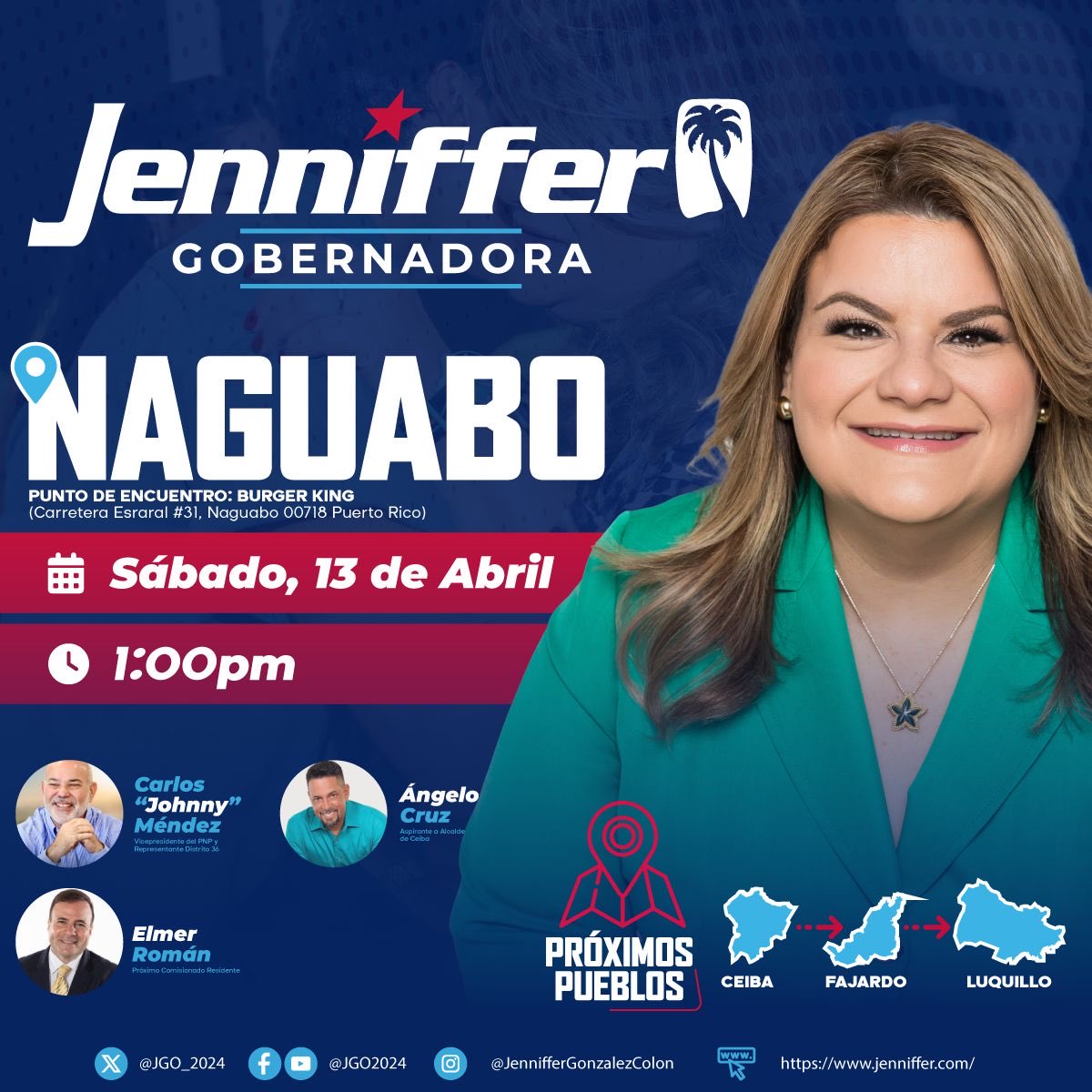Buenos días
Recuerden hoy la visita de Jennifer a Ceiba .
Estará visitando varios comercios de nuestro pueblo. Desde las 2:30 
1)Boritaly
2) La Sombra 
3) El Bungaló 
Escojan el lugar para que compartan con ella.