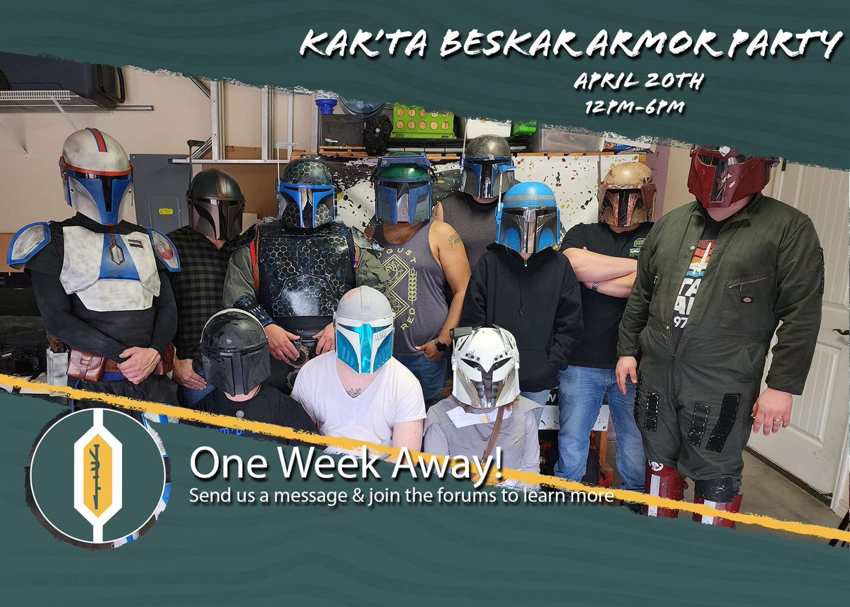 KartaBeskar's tweet photo. It’s that time again! This time we are only having an armor party on Saturday April 20th. Log in to the forums or shoot us a message to find out more! Find out more about the MANDO MERCS and how to build your own Mandalorian armor costume:  https://t.co/P9SshFFLnz https://t.co/7B2axsLJUI