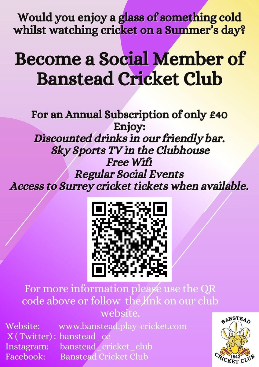 Why not become a social member of Banstead Cricket Club and help support your local cricket team?

Benefits include:

🏏 Discounted drinks in a friendly bar
🏏 Sky Sports TV in the Clubhouse
🏏 Free wifi
🏏 Regular social events 
🏏 Access to Surrey cricket tickets.