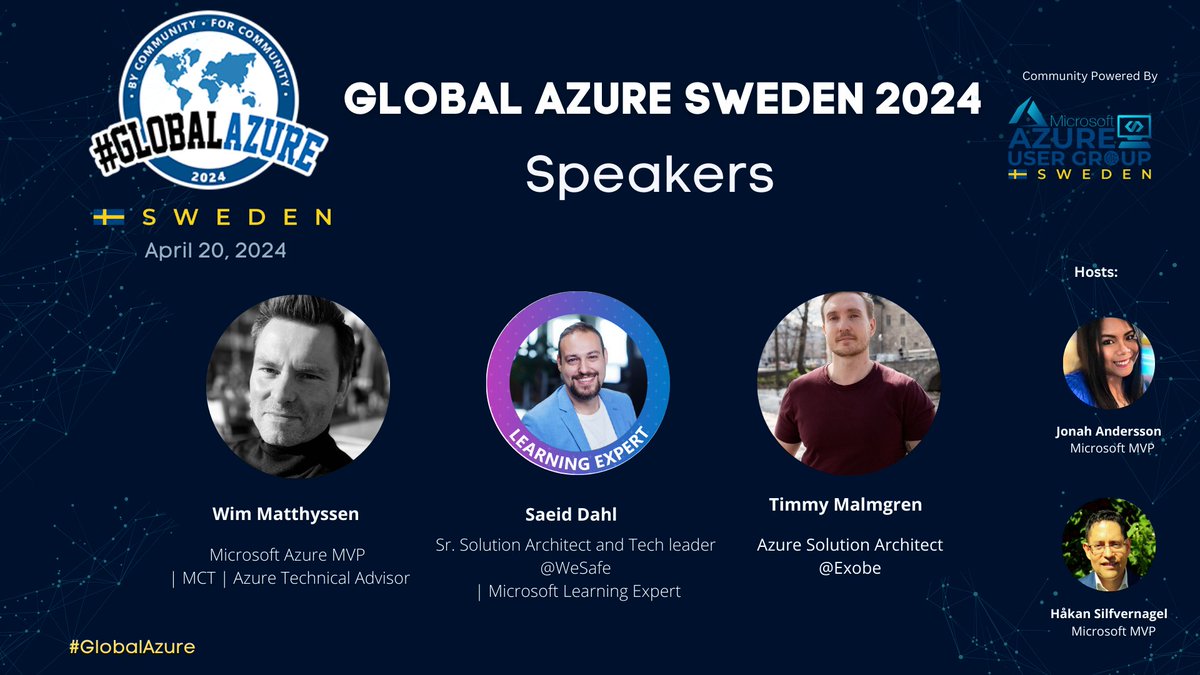 I am excited to share to my followers that @AzugSweden is joining the world for @GlobalAzure event coming up next weekend! 🎉 On April 20th, Saturday, @agrevlis and I organizing and are hosting #GlobalAzure Sweden 3-hour virtual conference with a 3 amazing speakers @wmatthyssen…