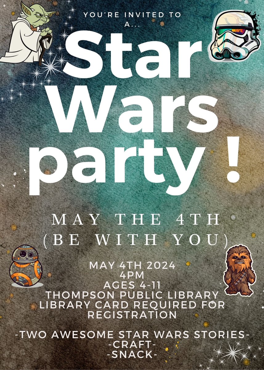 LibraryThompson's tweet image. SURPRISE!!! Join me on May the 4th for an epic and super fun Star Wars party!!

Library card required for registration. Costumes are encouraged!!!!