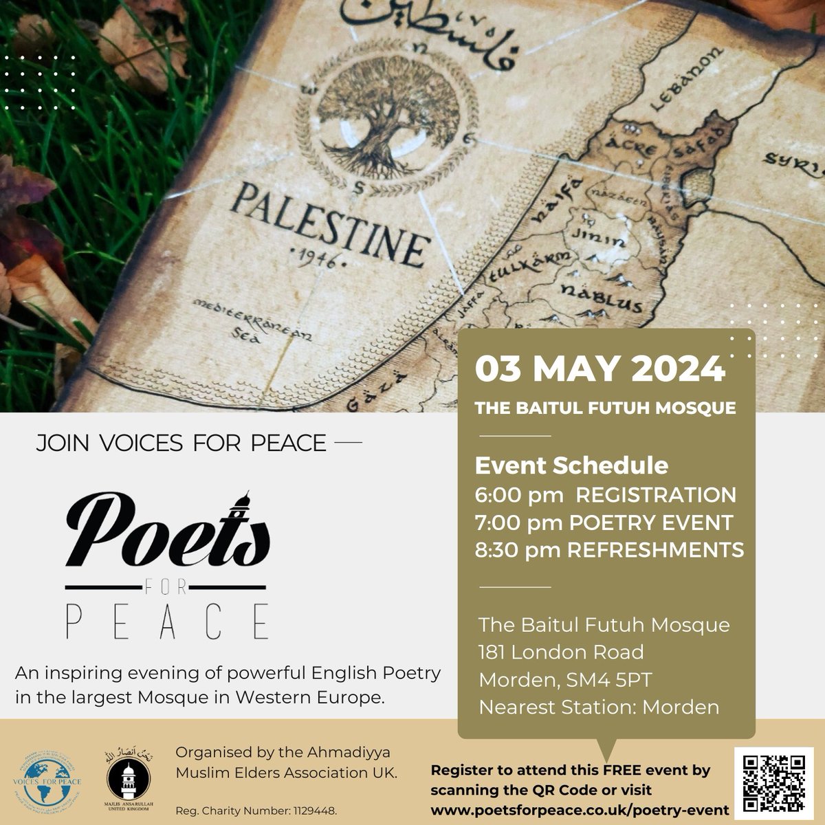 Have you registered for an evening of English poetry on 3rd May at the Baitul Futuh Mosque? Sign up now: poetsforpeace.co.uk/poetry-event/ #VoicesforPeace