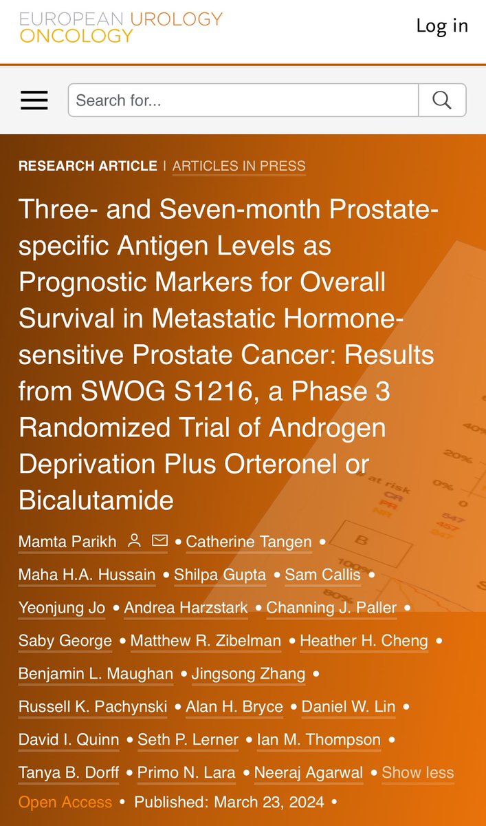 neerajaiims's tweet photo. Just in 👉data from @SWOG 1216 trial in mHSPC#prostatecancer👉 PSA level at 3 and 7 months after starting ADT Rx are strongly prognostic of OS: It’s time to design de- or escalation trials based on response biomarkers. OPEN access👉 https://t.co/UC5B1E49X9 @OncoAlert @urotoday https://t.co/HcHTHHqHOs