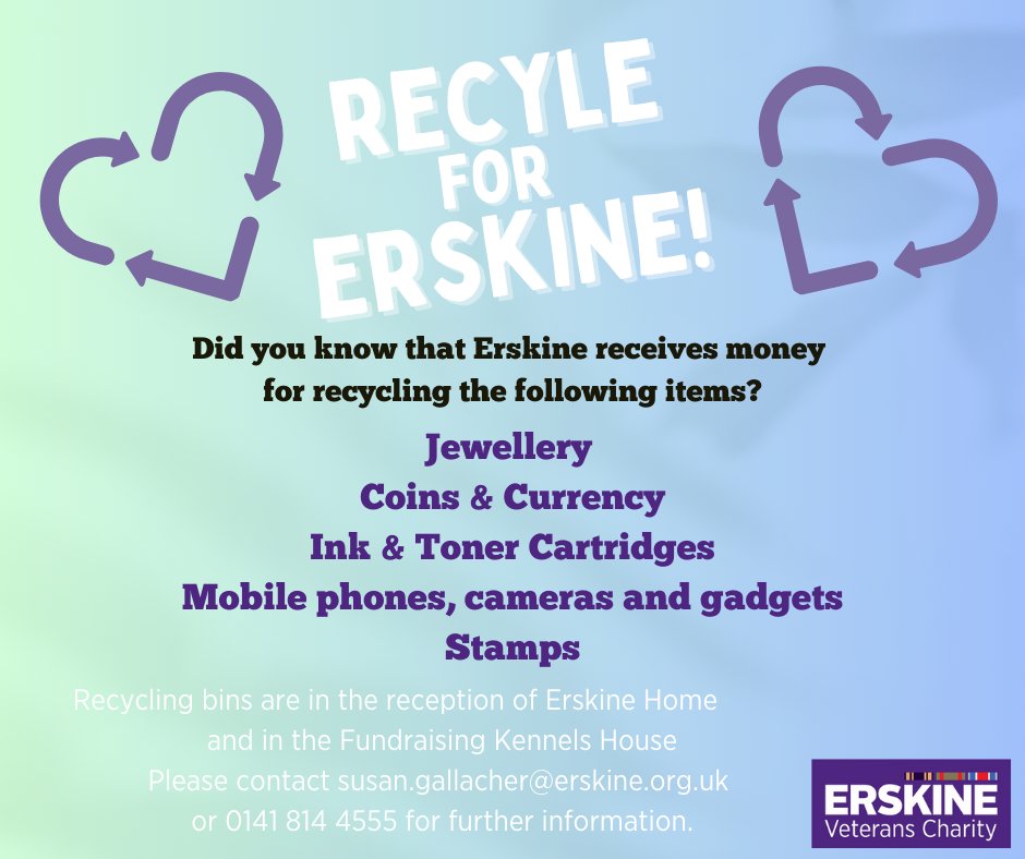 Drop off your old jewellery, ink cartridges, tech, and more to benefit Erskine and the environment💜📷 Every little helps!