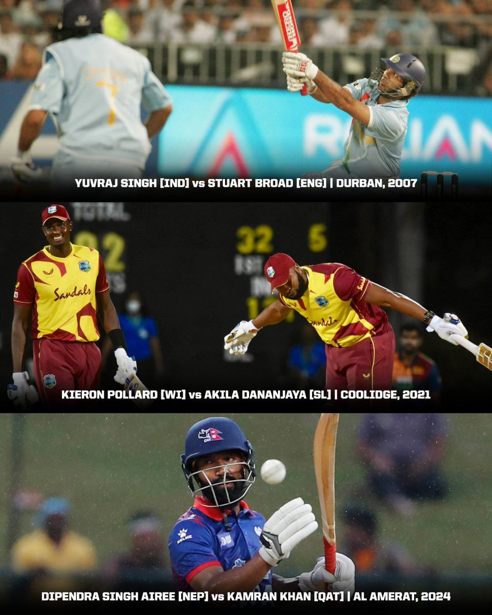cricinfo's tweet photo. Yuvraj Singh, Kieron Pollard and now Dipendra Singh Airee 🌟

Only three players in men's T20Is have smashed six sixes in a single over 👉 https://t.co/Pcqi0Y0uv6 https://t.co/kuNvuAtE3r