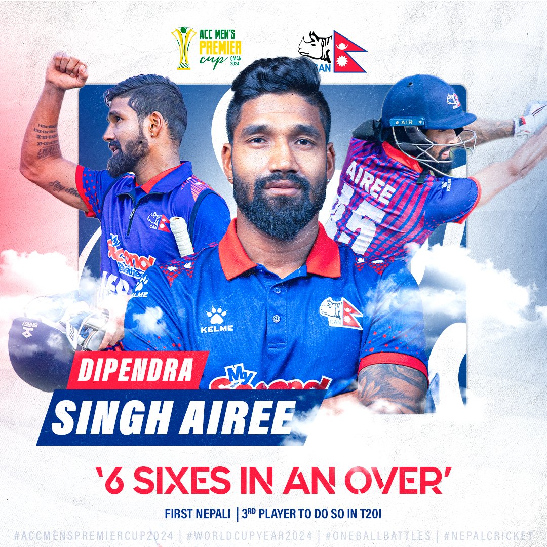 CricketNep's tweet photo. 🚨 Dipendra Singh Airee! ⚡️

🔥 @DSAiree45 records his name into the the history books becoming the first Nepali cricketer to hit 6 sixes in an over in T20Is! 🏏💥

#ACCMensPremierCup2024 | #WorldCupYear2024 | #OneBallBattles | #NepalCricket https://t.co/knD3jcQtxt