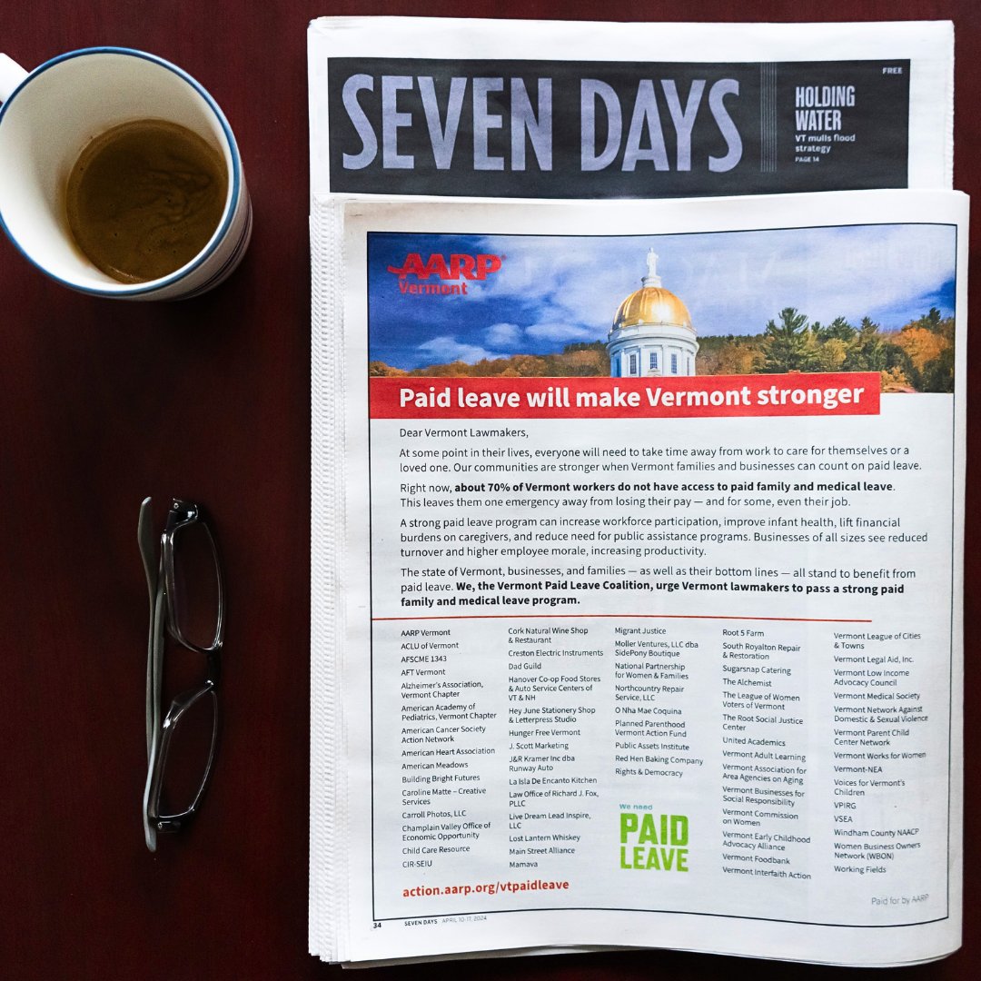 VTAlz's tweet photo. Paid leave is important to all Vermonters, especially those caring for a loved one with dementia. That’s why we’re proud to call for a strong paid leave program with @AARPVermont and the @vtpaidleave Coalition in this week’s 7Days. https://t.co/FP5V9Crbv3