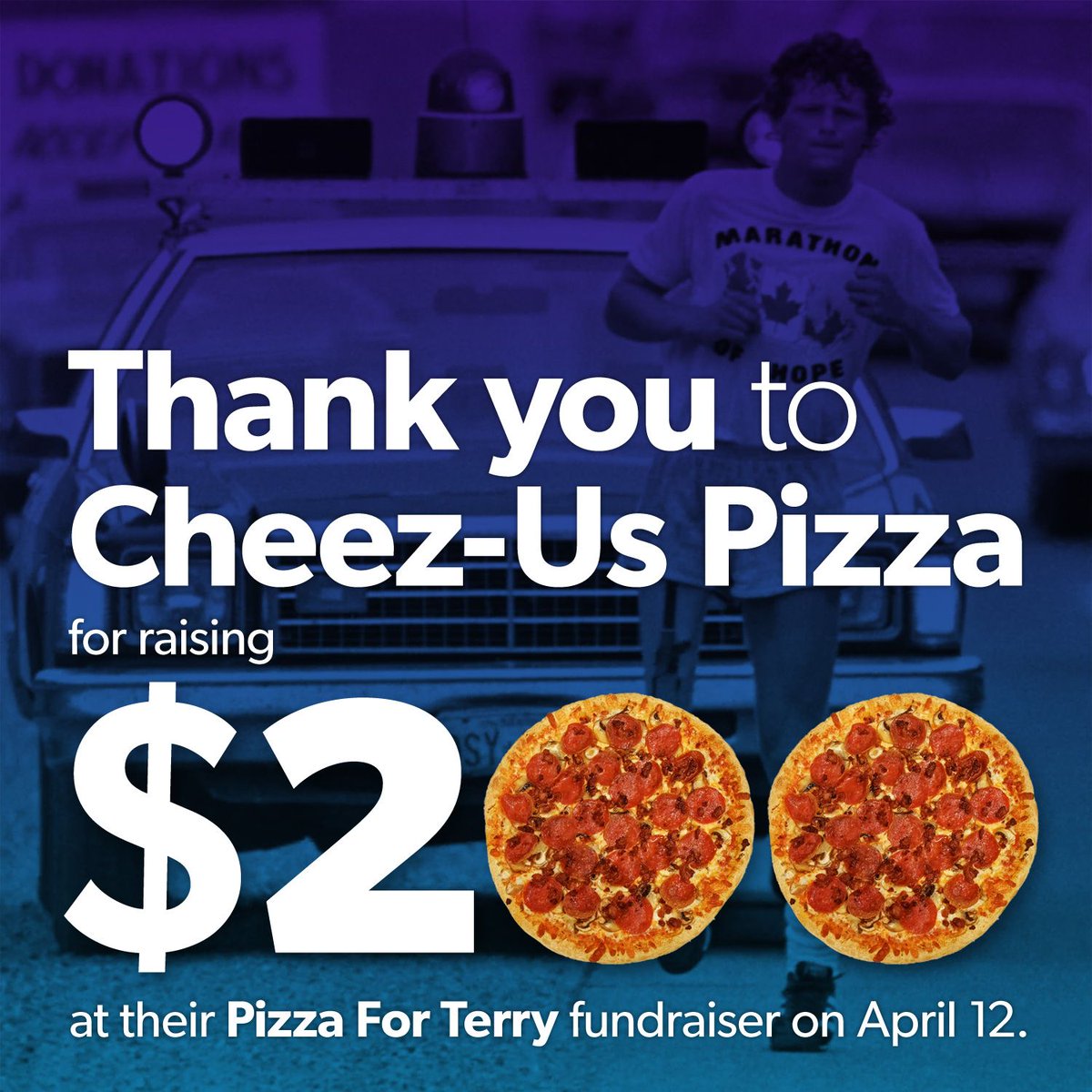 WaterlooTFR's tweet photo. A huge thanks to Ishpreet "Preet" Singh, owner of Cheez-Us Pizza, for donating proceeds from sales of his Canadian pizzas on April 12, to celebrate the anniversary of the start of the Marathon of Hope on that date in 1980. https://t.co/WsfrVWqCuU
