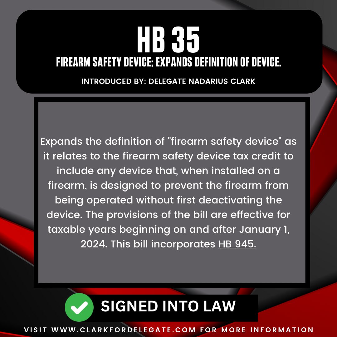 🔒 Safety first! HB 35 is signed into law! 🎉 Thanks to Delegate Nadarius Clark, firearm safety devices are getting a major upgrade. Promoting responsible gun ownership and making our communities safer. 💪 #HB35 #GunSafety #CommunityProtection