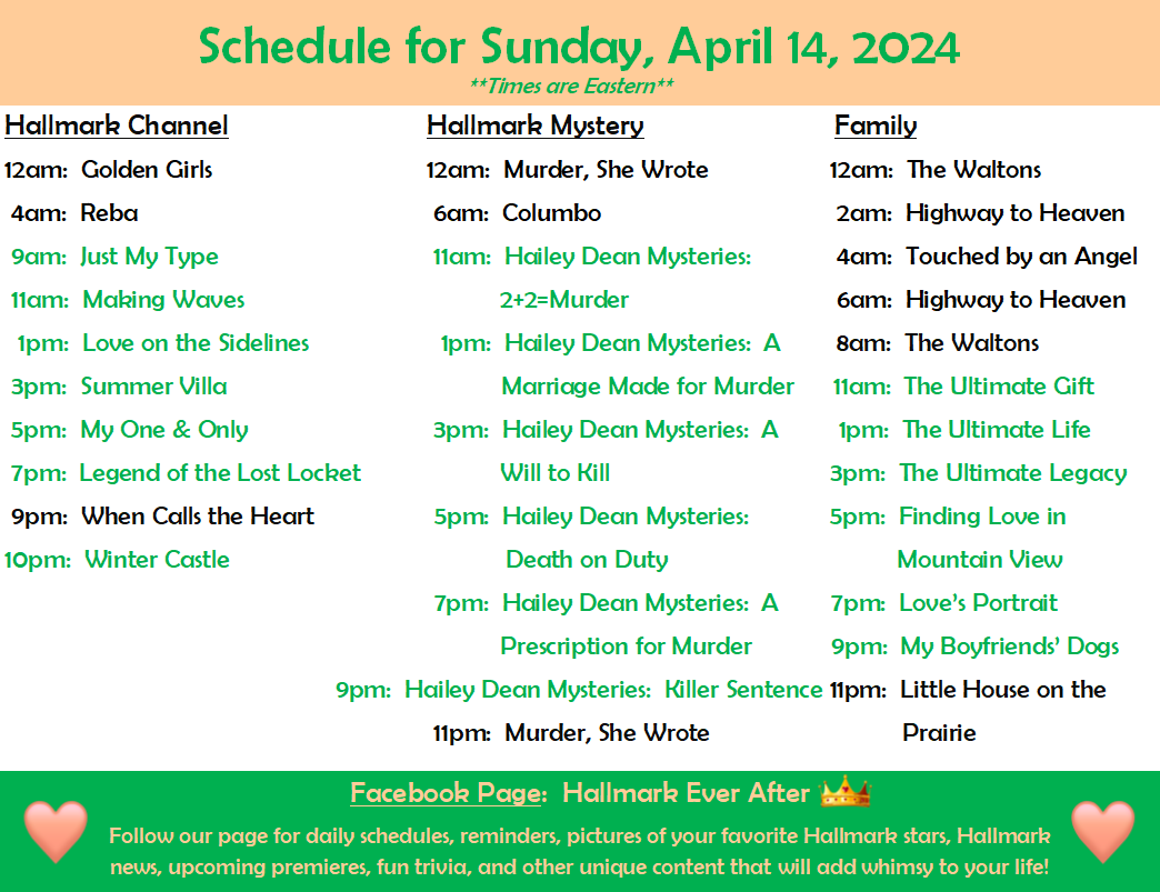 Here's the lineup for Sunday, April 14 on #HallmarkChannel, #HallmarkMystery, and #HallmarkFamily.

#SpringIntoLove #Hallmarkies #Sleuthers #HallmarkSchedule #HallmarkMovies