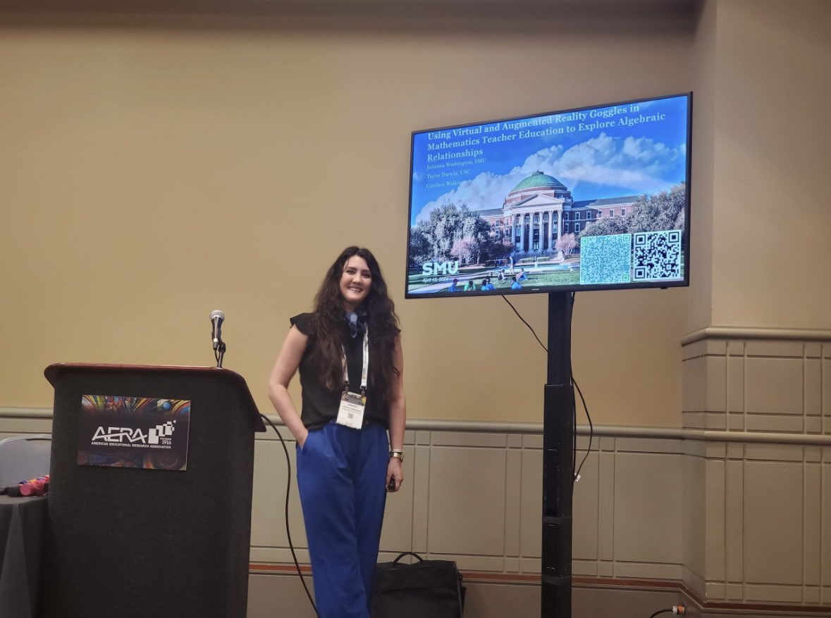 JCWashingtonMEd's tweet photo. This morning I had the privilege of presenting my @IESResearch funded research titled: Using Virtual and Augmented Reality Goggles in Mathematics Teacher Education to Explore Algebraic Relationships, at @AERA_EdResearch! Such wonderful discussions from another great year! https://t.co/A0RmwEwTFu