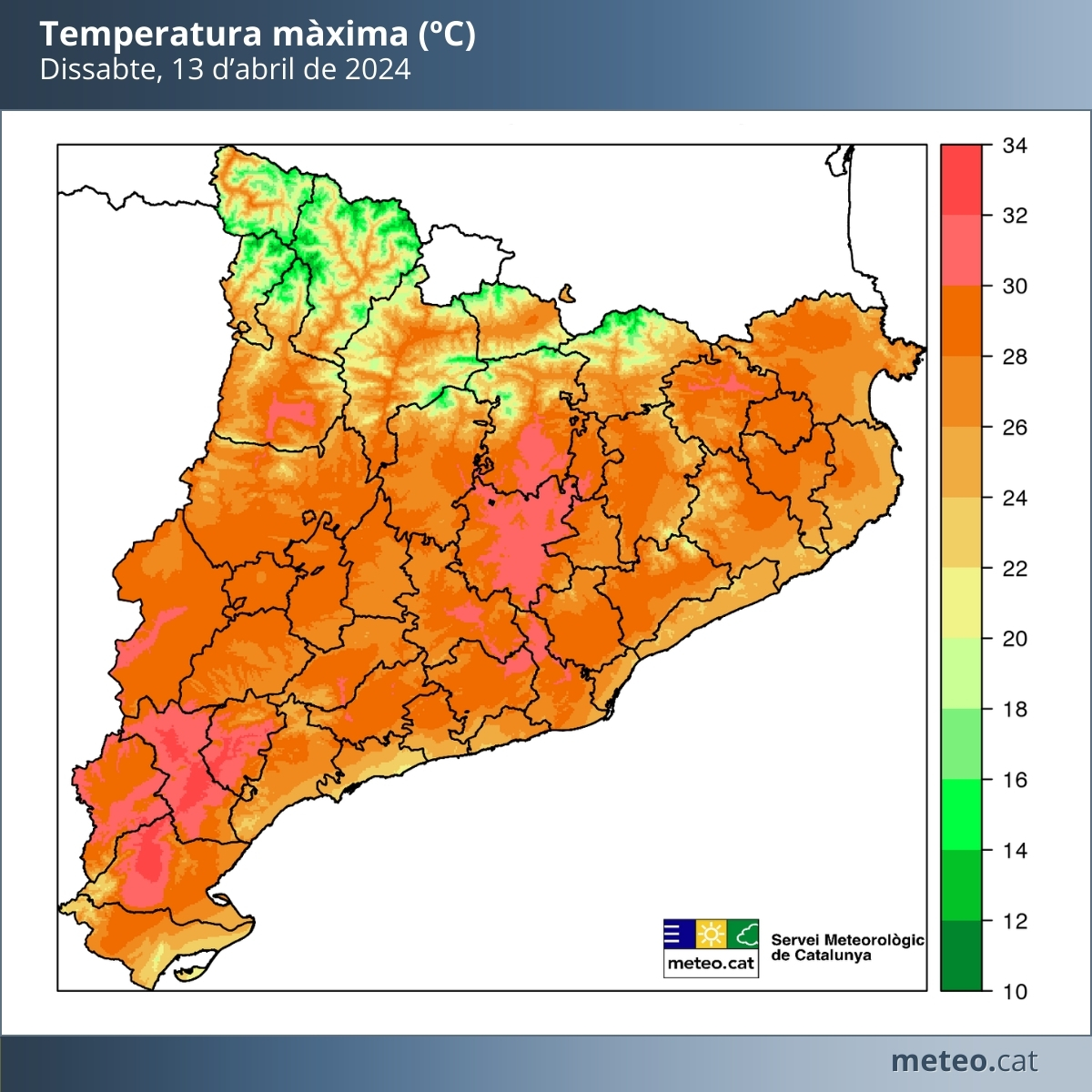 Avui, la temperatura màxima ha pujat entre 2 i 3 °C respecte ahir en general. 🌡 Els valors més elevats s'han registrat a l'interior del terç sud, amb 32 o 33 °C a punts del Priorat, del Baix Ebre i de l'interior de la Ribera d'Ebre. meteo.cat/observacions/x…