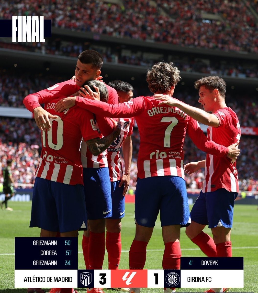 🔴⚪️Atlético de Madrid venció 3-1 a Girona en la fecha 31 de #LaLiga y quedó a 4pts del conjunto catalán en la tabla. 📸 @LaLiga