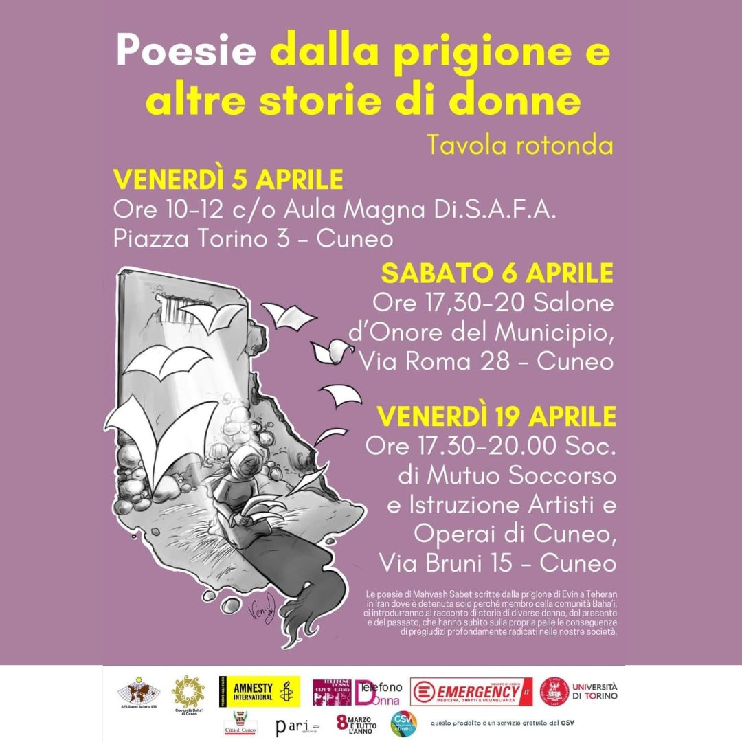 Vi segnaliamo a #Cuneo POESIE DALLA PRIGIONE E ALTRE STORIE DI DONNE - 5 aprile, ore 10/12, Aula Magna Di.S.A.F.A, Piazza Torino 3 - 6 aprile, ore17:30/20, Sal. Onore Municipio, Via Roma 28 - 19 aprile, ore 17:30/20, Soc. Mutuo Soccorso, Via Bruni 15 @AmnestyCuneo @amnestyitalia
