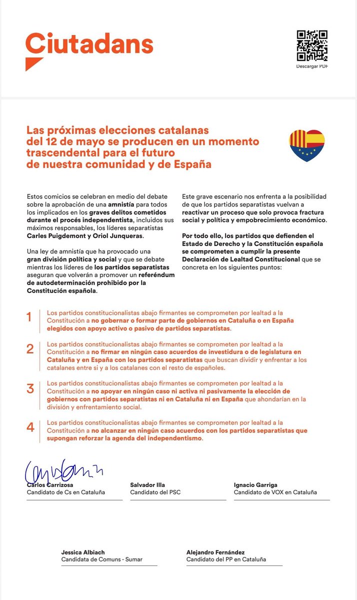 carrizosacarlos's tweet photo. He firmado el compromiso... mientras, Illa reitera que no pone vetos, o sea, que nos traicionará con Puigdemont en Cataluña. 

#Detenlos https://t.co/5lrTuXY5gB