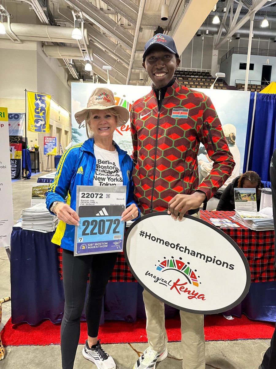 Kenyan runner @amosrono interacts with marathon enthusiasts at the @magicalkenya stand @bostonmarathon. Kenya is known for ideal conditions for altitude training resulting to developing greater endurance. #HomeOfChampions #MagicalKenya