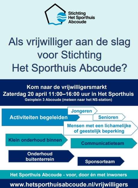 zwembadabcoude's tweet photo. Nog altijd zijn veel vrijwilligers actief voor #HetSporthuisAbcoude; onder meer voor begeleiding van activiteiten voor senioren, mensen met een beperking en voor tuinonderhoud. En er is nog ruimte voor meer vrijwilligers.  #Vrijwilligersmarkt zat. 20 april van 11.00-16:00  uur. https://t.co/8jhAQ6XXjB