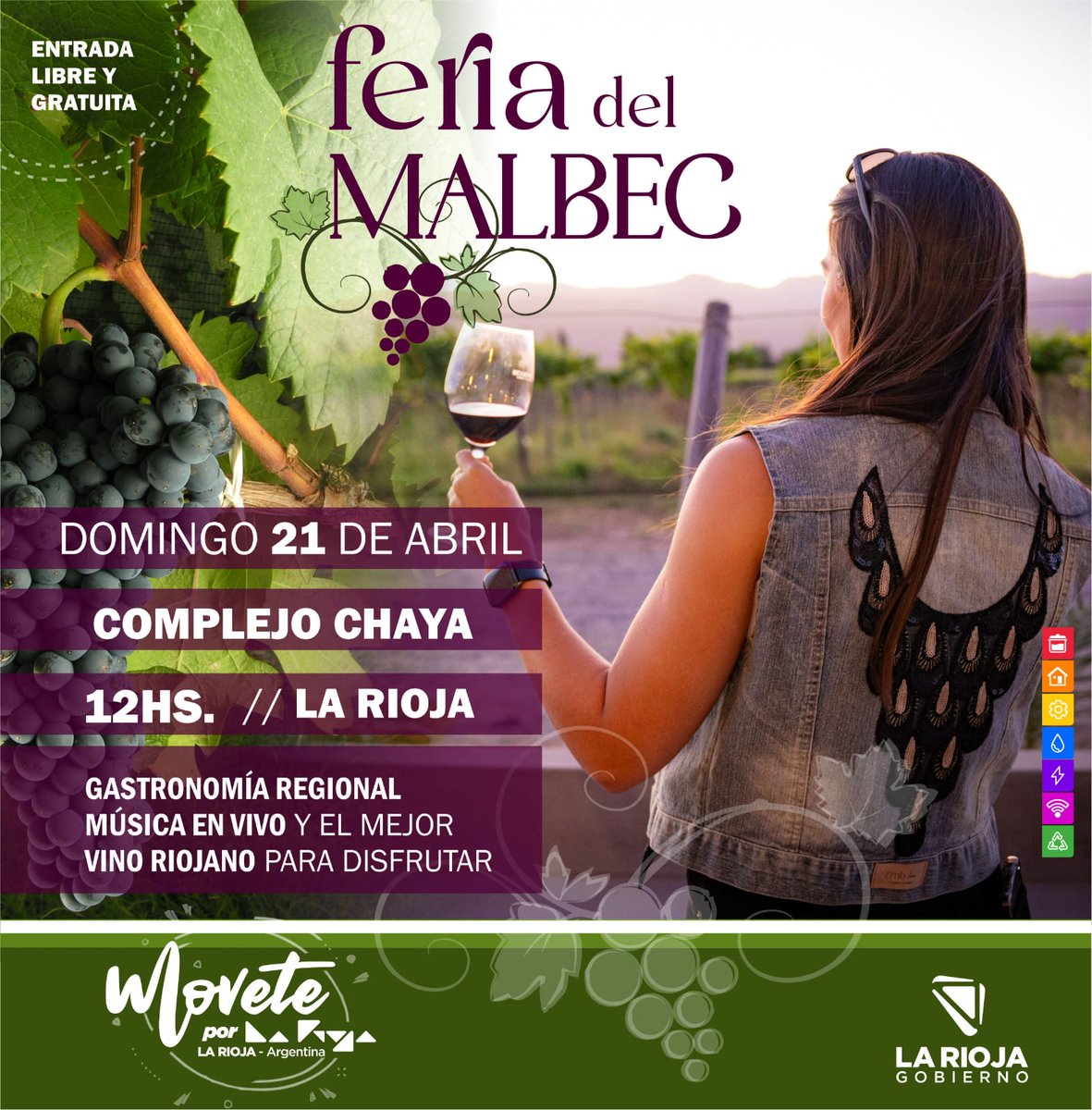 🍇🍷𝗙𝗲𝗿𝗶𝗮 𝗱𝗲𝗹 𝗠𝗮𝗹𝗯𝗲𝗰 

En el marco del Día Internacional del Malbec a celebrarse el 17 de abril, vení a compartir una propuesta diferente al aire libre con música en vivo, disfrutando de los exquisitos sabores de la gastronomia regional y los mejores vinos riojanos.