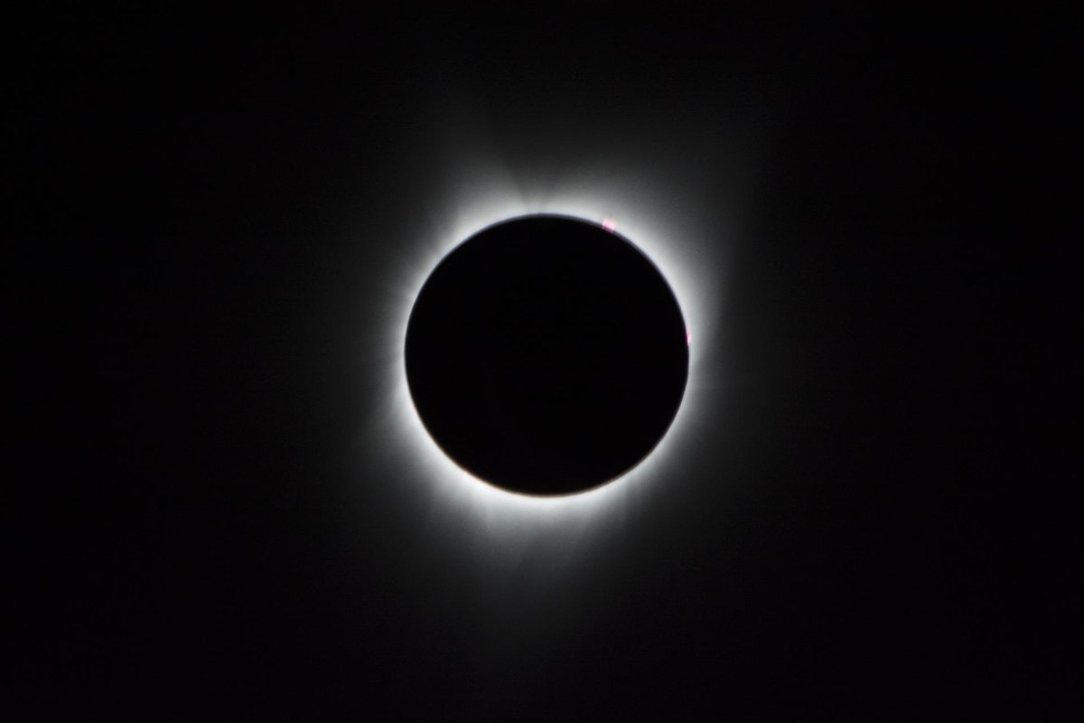 chematierra's tweet image. #EclipseSolar2024 
La corona del Sol, sólo visible durante el eclipse total, lució como una corona de llamaradas blancas rodeando su superficie. Las manchas rojas llamadas “Perlas de Baily” ocurren donde la luz del Sol roza la topografía accidentada de las extremidades de la Luna…