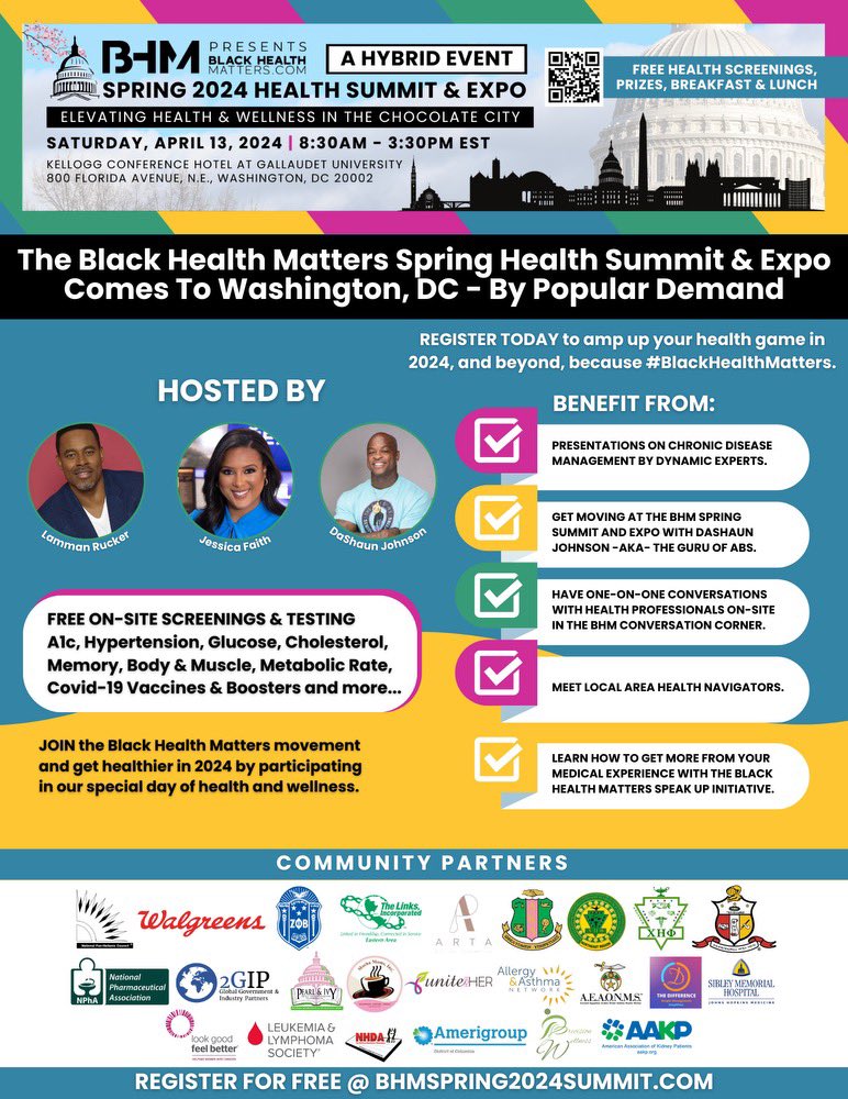 I’m here, DC!!! Come on over to Gallaudet U’s Kellogg Conference Ctr for the BLACK HEALTH MATTERS Health Summit & Expo today. It’s FREE. 💪🏾 Register at BHMSpring2024Summit.com RIGHT AWAY!!! See you soon! 👍🏾