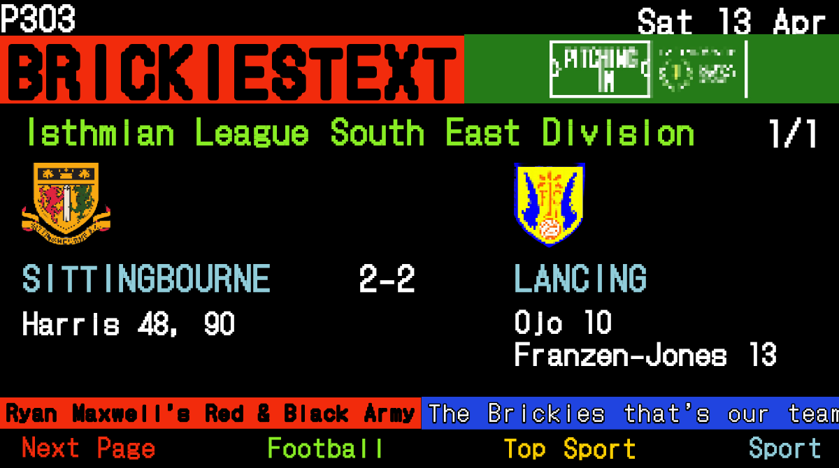 SittingbourneFC's tweet photo. Full time whistle goes, thanks to a late goal and his second goal of the afternoon by Chris Harris means we share the points with Lancing.

The draw now definitely guarantees the Brickies have secured a playoff spot! 👏 #UpTheBrickies https://t.co/51mHAQJkWy