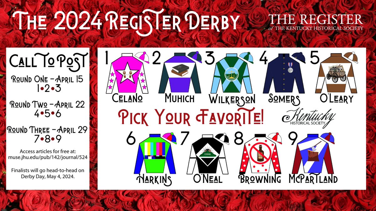 The #RegisterKHS Derby is BACK! Voting begins on Monday, April 15. Nine articles - three winners will race to the finish on Derby Day, May 4! Links to Register Derby articles can be found here: ow.ly/Ocxh50Rcn5o. #twitterstorians @projectmuse