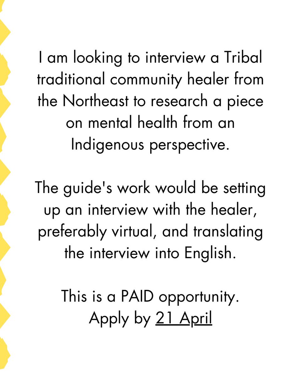 Posting for a friend— BOOST ⬇️ PAID GIG (Remote): Looking for a Tribal person from Northeast India who can set up an interview with an Indigenous traditional healer from their community, and translate it into English. Apply on this form by 21 April: docs.google.com/forms/d/18GK-N…