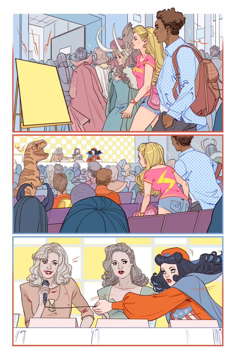 S_Marguerite's tweet photo. Remembering - 3 pages on a story by the late Trina Robbins for Fearless Anthology edited by @AlannaWrites featuring some of the greatest historic female comics creators #RuthAtkinson, #FranHopper, #PaulineLoth, #ValeryBarclay & #TarpeMills -#MarvelComics @Marvel #TrinaRobbins https://t.co/BFhYfAiZ67