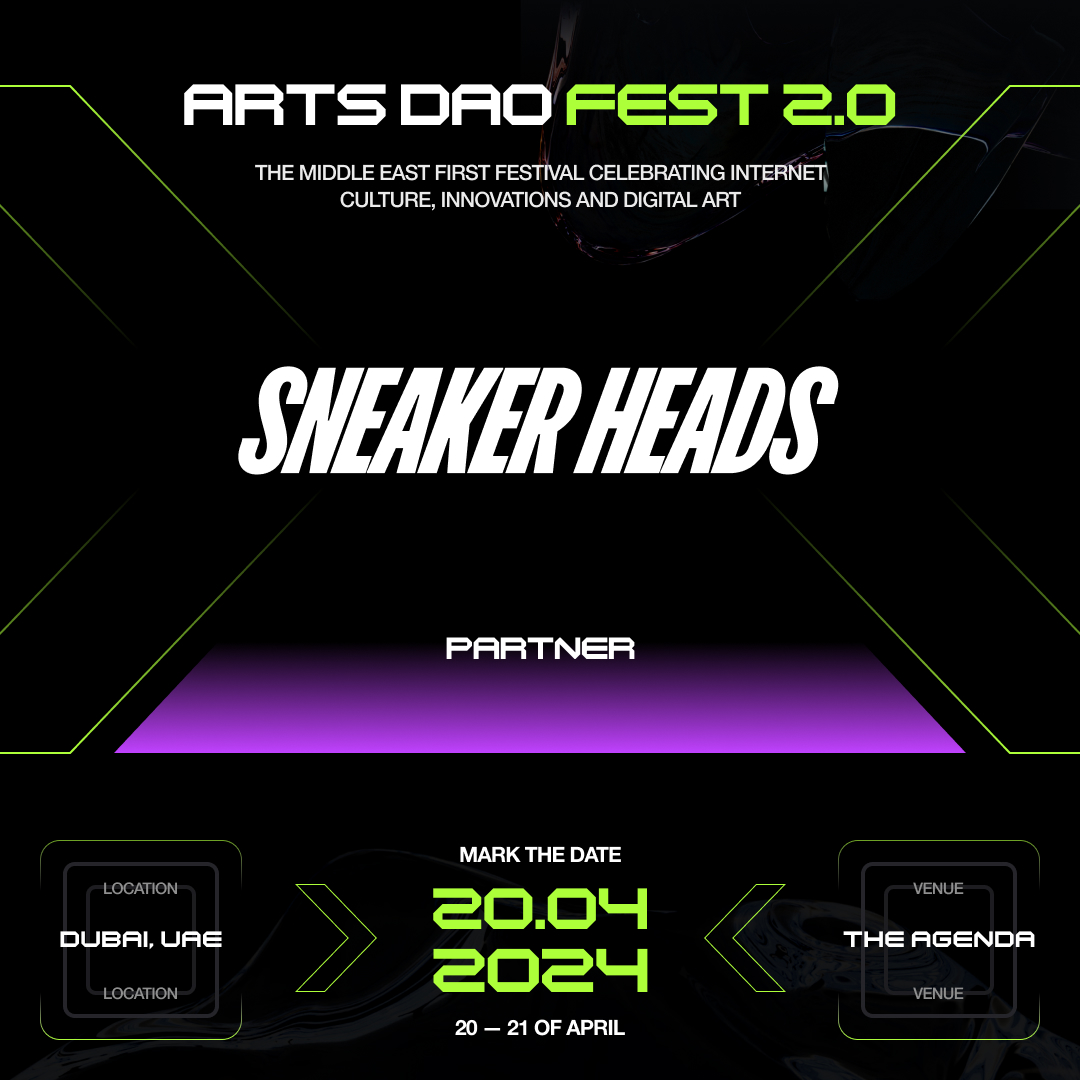 We’re pumped to announce @sneakerheadsoff as a sponsor for ArtsDAO Fest Dubai 2.0! SneakerHeads isn’t just an NFT collection but a web3 native community that is shaping the future of the sneaker industry 🚀 They’re dedicated to building a dynamic ecosystem where true collectors,