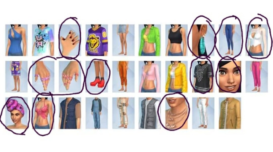 These are the items that most interest me from the #Sims4UrbanHomage kit! For the other items I wanna see the swatches for them before I make any comments. Also I forgot to circle the pink crop top😅! The swatch from the promo pic was so pretty😍💜