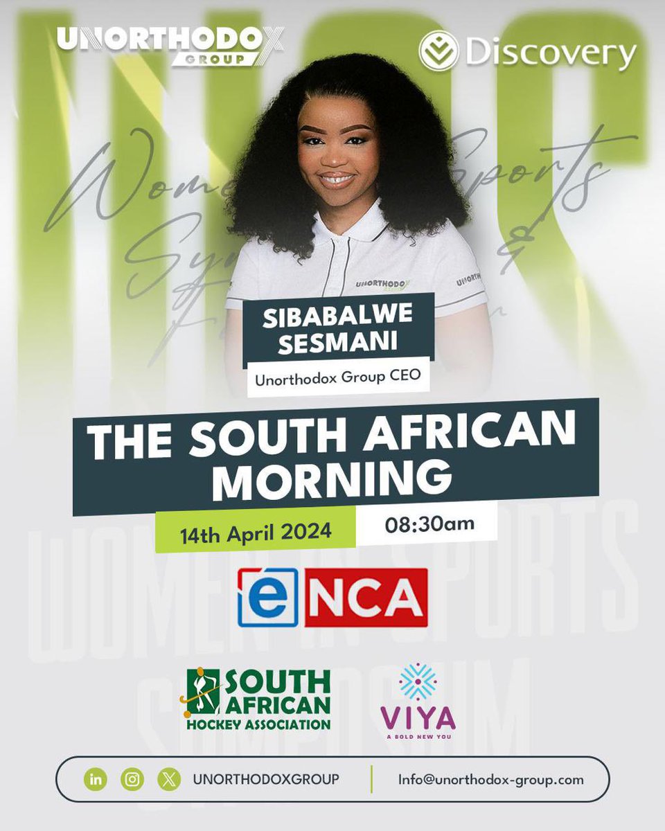 Join our Group CEO @SesmaniS  live on @eNCA tomorrow morning at 8.30am sharp where she will be speaking about our woman in sports symposium. 

#womeninsports #workbyunorthodox #publicrations
#10yearsinthegame