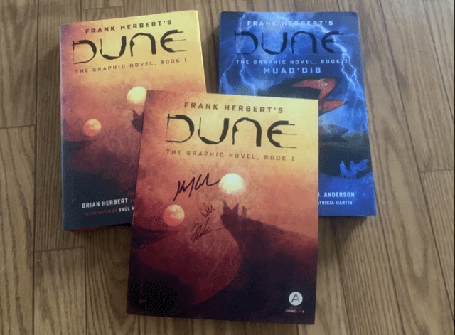DUNE: The Graphic Novel, volumes 1 & 2 are available in beautiful hardcovers from @ABRAMSbooks with script by me and @DuneAuthor and art by @allenraul & @carlotazanahori. If you order the set from wordfireshop.com, you get a free limited print signed by me & the artists.