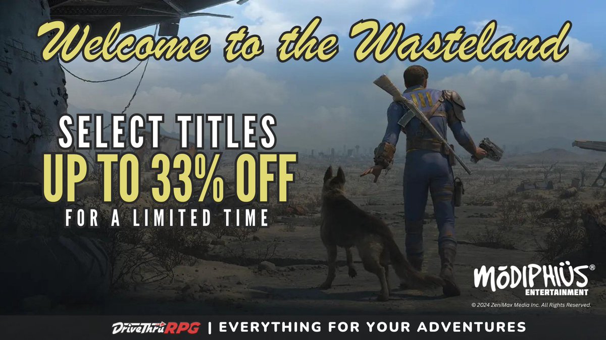 You experienced the Wasteland on #FalloutOnPrime, now bring the world to your table! 🔧 ⚙️ Select #Fallout titles from @Modiphius are 33% off this month (with a FREE QuickStart)! 🚀 Complete Your Settlement (Collection)! 👇 bit.ly/DTRPGFalloutMo… #TTRPG