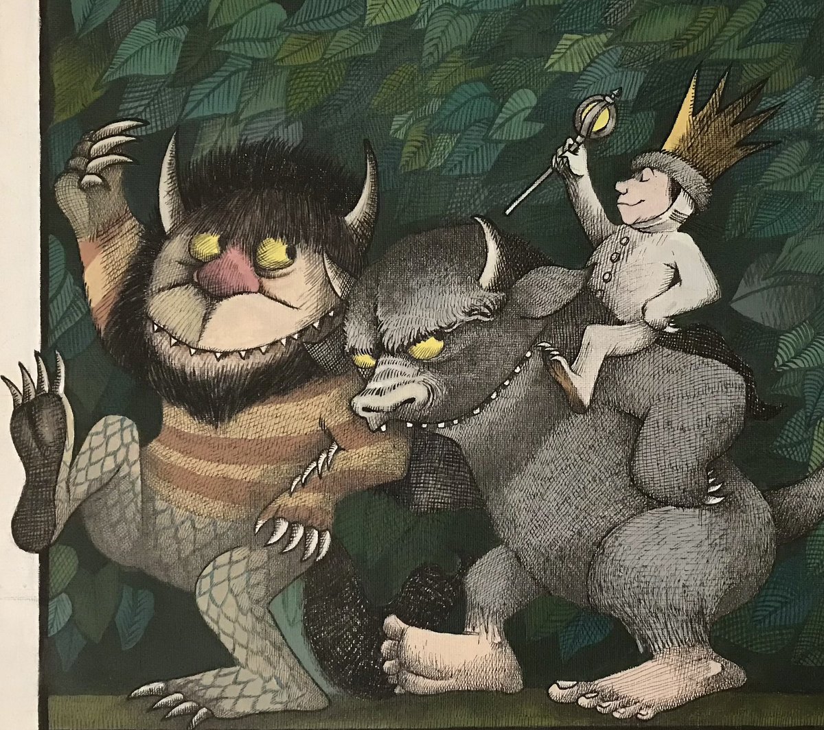A painting I made of WHERE THE WILD THINGS ARE by Maurice Sendak a few years back. My favourite book, it also inspired my crosshatching technique. Every time I look at this book I’m transported to another place & I remember back to when I found it in the library when I was a kid.