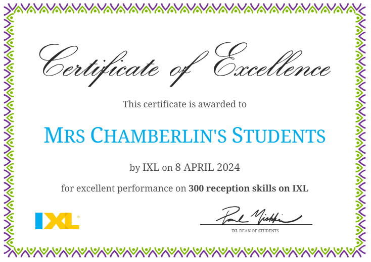 Your outstanding work on IXL continues Class 1, well done!🏆👏👏👏