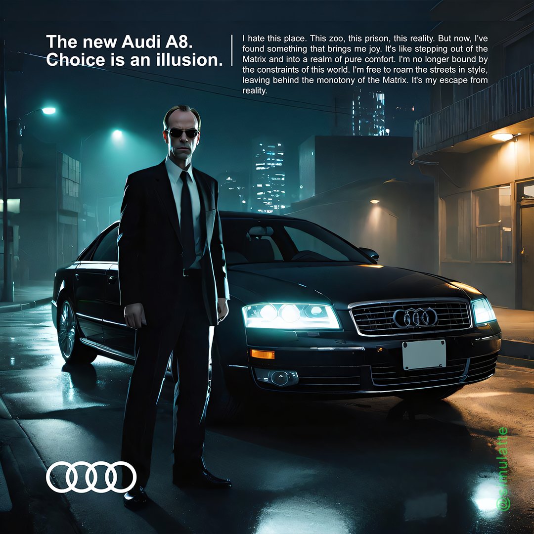 Remake of a xeet from years ago.
#StableDiffusion #Audi #AgentSmith #HugoWeaving #theMatrix5 #theMatrix