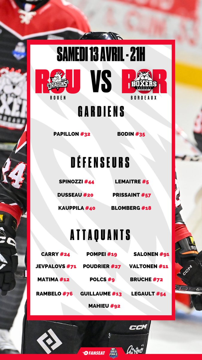 🚨 COMPO 🚨 Mériadeck, les choses sérieuses reprennent ! Les deux effectifs se retrouveront sur la glace de l'Île Lacroix à 21h 👊 Infirmerie : Beaudoin Absent : Polodyan 📲 À suivre sur Sport en France et l'application mobile des Boxers de Bordeaux