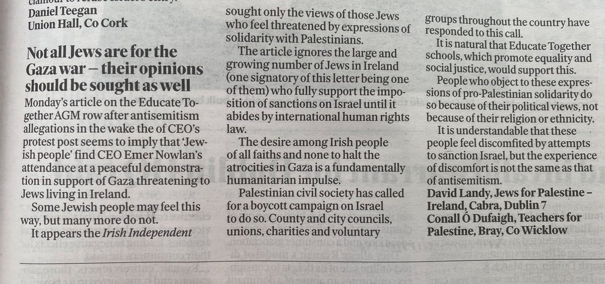 We co-authored a letter with @JewishPeace in today’s Irish Independent in response to baseless accusations against Educate Together for expressing solidarity with Palestinians. We should not be silenced for acting out of conscience. #Gaza_Genocide @EducateTogether #education