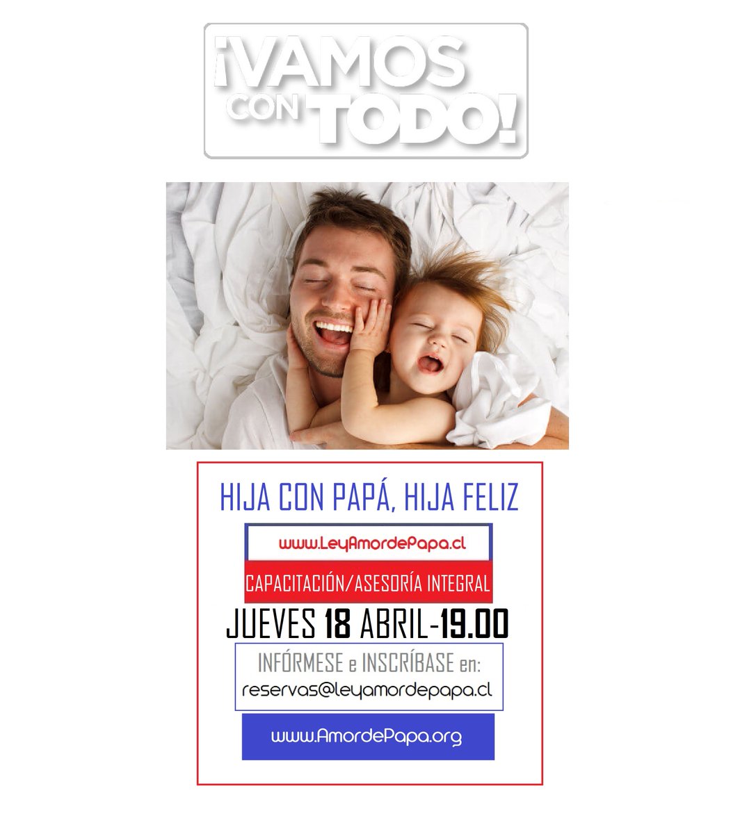 AmordePapa's tweet photo. SABEMOS TOMAR EL CAMINO CORRECTO PARA DEFENDER CON TODO LOS DERECHOS DE NUESTROS HIJOS 

DEFIENDA SUS DERECHOS AL LADO DE QUIENES LA HICIERON REALIDAD LA #LEYAMORDEPAPÁ

INFÓRMESE e INSCRÍBASE escribiendo a reservas@leyamordepapa.cl

¡VAMOS CON TODO!

https://t.co/JvIp16yrbP https://t.co/Tb13UiJNJb