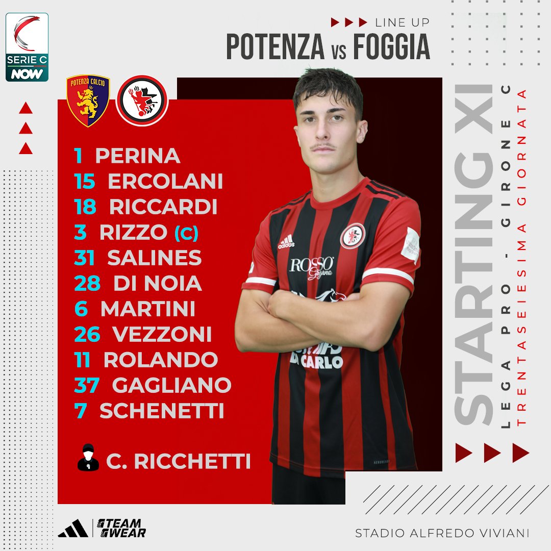 CalcioFoggiaoff's tweet photo. 𝗦𝗧𝗔𝗥𝗧𝗜𝗡𝗚 𝗫𝗜 🔴⚫️
Gli 1️⃣1️⃣ iniziali scelti da Mister #Ricchetti per il match con il #Potenza 💪
#ForzaFoggia #NonTiLascioMai
#POTFOG #SerieCNow https://t.co/HDQZc3Pp3J