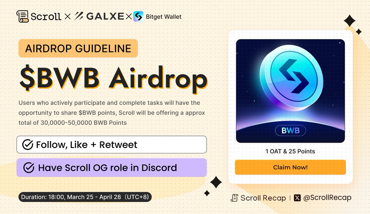 Scroll OG! Claim now your $BWB 🪂

You're eligible! 📸

Bitget Wallet x Scroll are offering a approx total of 30,0000-50,0000 $BWB Points

⛓️ app.galxe.com/quest/BitgetWa… 

Remember to download Bitget Wallet and import your Galxe wallet to claim points and #OAT ✅