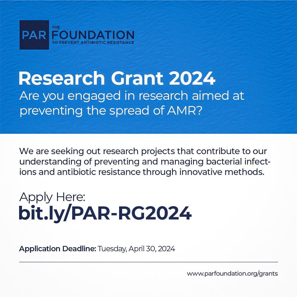 Our AMR Grant call is now LIVE! 

Are you working on innovative solutions to combat AMR? Apply for funding and join in the fight against one of the greatest health challenges of our time! 
#AMR #Grant 
Educational: opencalls.parfoundation.org/jobs/3771384-e…
Research: opencalls.parfoundation.org/jobs/3759301-r…