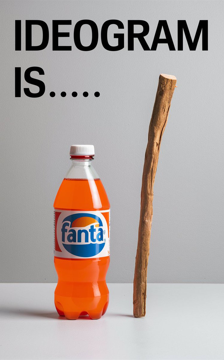 Ideogram is ... Magic Prompt: A striking still life composition featuring a bold, bright orange Fanta bottle and a simple, rustic brown wooden stick. The eye-catching colors contrast against a plain grey background. At the top of the image, large bold text reads 'Ideogram…