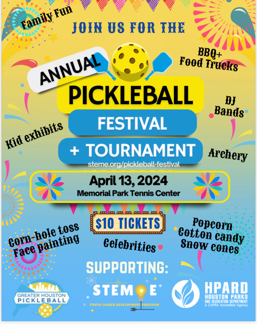 Join us for an all-day event at Memorial Park Tennis Center as we host our Pickleball Festival and Tournament; bring the family to watch the matches and check out the other fun activities. Tickets are $10 and support the STEM·E Youth Career Development Program.