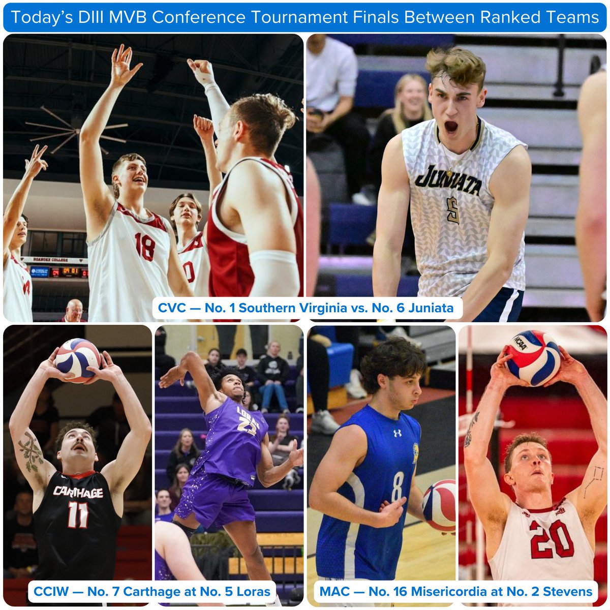 AVCAVolleyball's tweet photo. There is a lot at stake in DIII MVB conference tournament play ahead of Monday’s NCAA bracket announcement. Today’s finals in the CCIW, CVC, and MAC, as well as both semis in the UVC, feature matches between ranked teams.
Watch info: https://t.co/BpXB17MP5K
#WeAreAVCA #NCAAMVB https://t.co/5mFTVclKH3