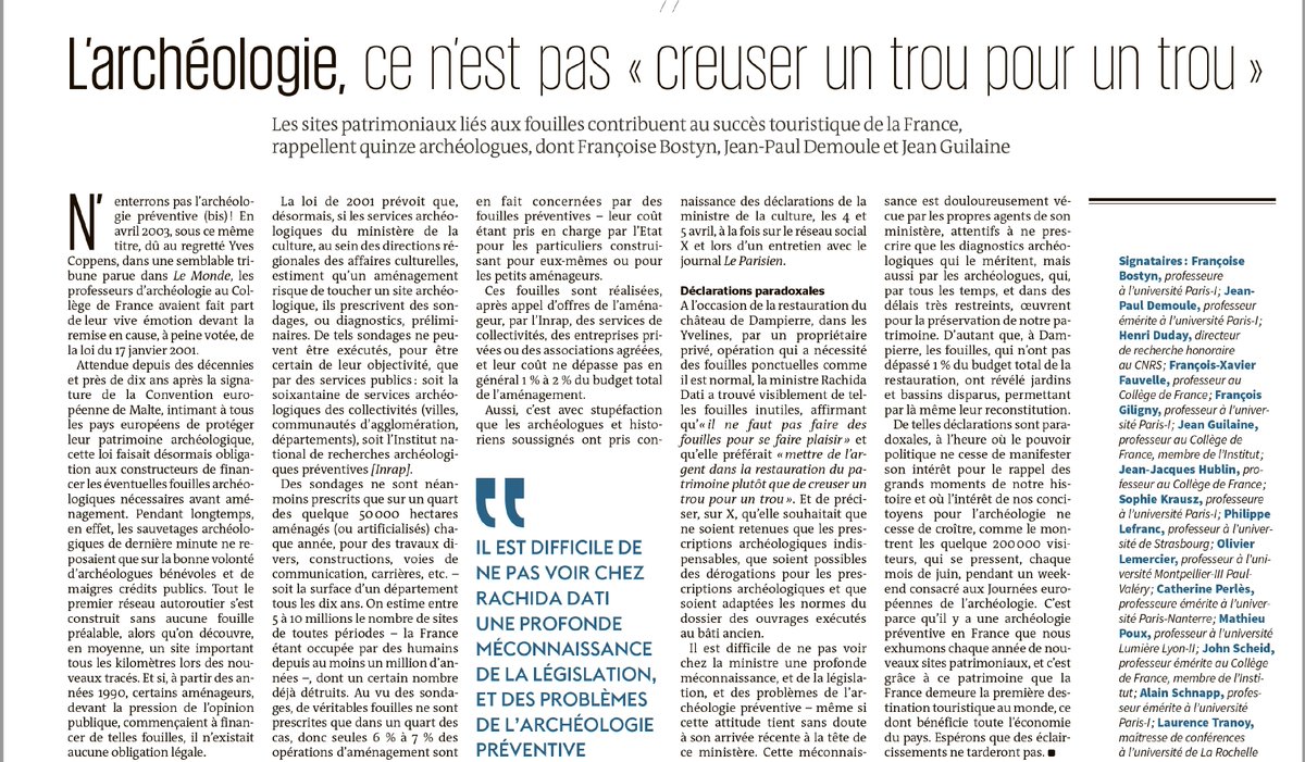 Sophie Krausz (@sophie_krausz) on Twitter photo Archéologie en danger : le texte complet de la tribune parue dans Le Monde aujourd'hui 13 avril 2024
lemonde.fr/idees/article/…
<a href="/JPDemoule/">Jean-Paul Demoule</a> @MatthieuPoux <a href="/UmrTrajectoires/">LaboratoireTrajectoires</a> <a href="/SorbonneParis1/">Université Paris 1 Panthéon-Sorbonne</a> Archéologie en danger : le texte complet de la tribune parue dans Le Monde aujourd'hui 13 avril 2024
lemonde.fr/idees/article/…
<a href="/JPDemoule/">Jean-Paul Demoule</a> @MatthieuPoux <a href="/UmrTrajectoires/">LaboratoireTrajectoires</a> <a href="/SorbonneParis1/">Université Paris 1 Panthéon-Sorbonne</a>